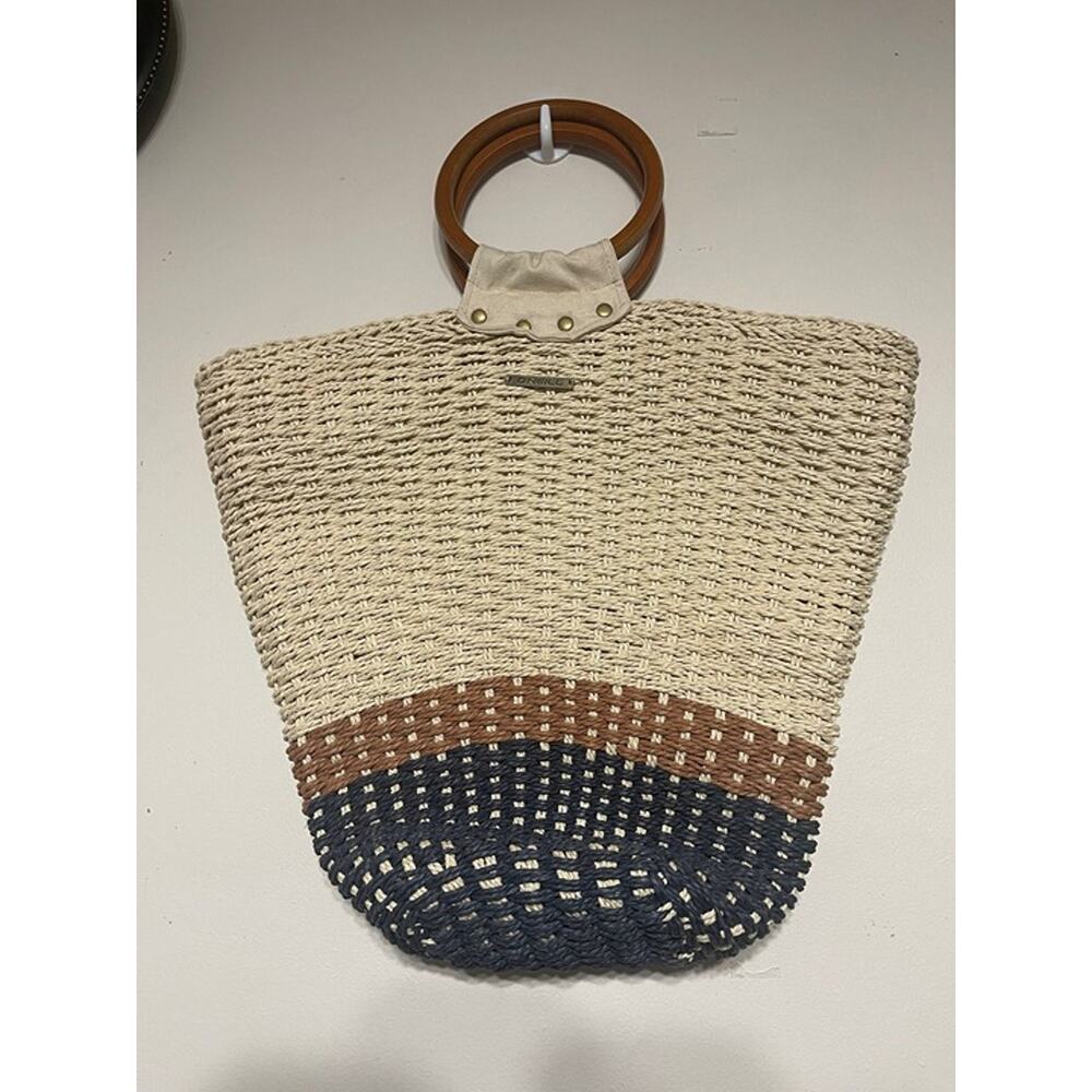 O'Neill Kye Summer Tote Bag Woven Straw Cream Brown Navy Wood Handle Womens USED